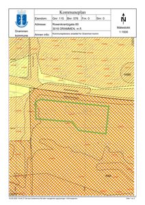 Situasjonsplan (kommuneplan) som viser eiendomsnummer, adresse, arealbruk og grenser for eiendommen på Rosenkrantzgata 85 i Drammen.
