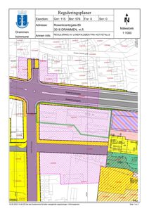 Reguleringsplan som viser eiendomsforhold, tomtegrenser og arealbruk for adressen Rosenkrantzgata 85 i Drammen.