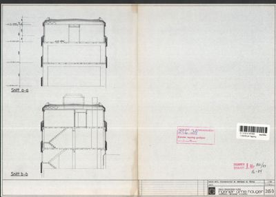 Snittegning (Snitt a-a og Snitt b-b) som viser bygningens tverrsnitt, høyder, etasjer og konstruksjon.