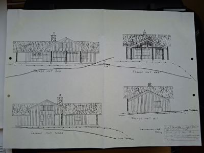Håndtegnet fasadeoppsett som viser bygningens utseende fra fire sider (Nord, Sør, Øst, Vest).