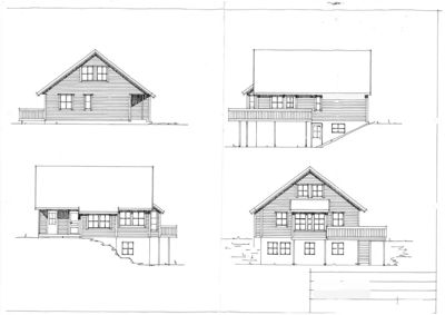 Bildet viser fire ulike fasadetegninger for en bygning, med tekst 'FASEDE' under hver tegning og en tegningsliste i bunnen.