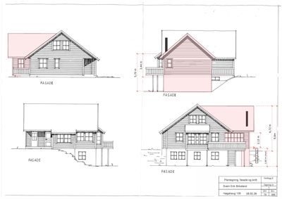 Bildet viser en tegning med fire utsnitt av en bygning sett fra utsiden (fasader), med mål og detaljer.