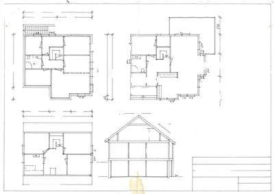 Bildet viser en tegning med etasjeplaner (underetasje, hovedplan, loftplan) og et snitt av en bygning.