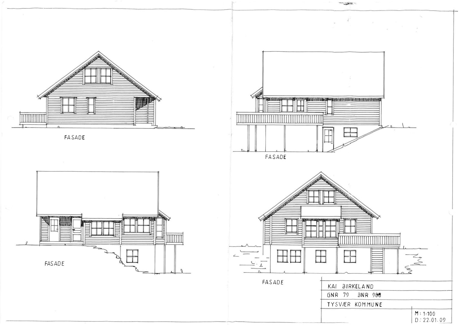 Bildet viser fire ulike fasadetegninger for en bygning, med tekst 'FASEDE' under hver tegning og en tegningsliste i bunnen.