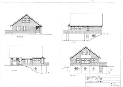 Bildet viser fire ulike fasadetegninger for en bygning, med tekst 'FASEDE' under hver tegning og en tegningsliste i bunnen.