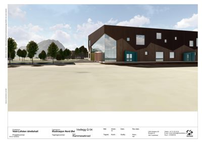 3D-visualisering (rendering) av Vest-Lofoten idrettshall sett fra sydøst.