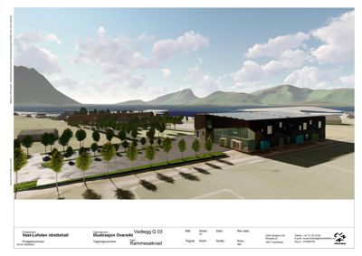 3D-visualisering (rendering) av Vest-Lofoten idrettshall med omgivelsene, inkludert terreng, vann og trær.