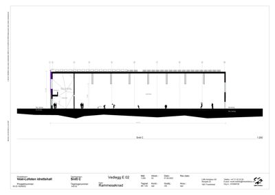 Snittegning (Snitt C) av Vest-Lofoten idrettshall som viser konstruksjon, høyder og romfordeling.