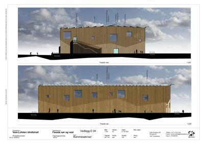 Fasadetegning som viser bygningens utseende fra vest og sør med detaljer om materialer, vinduer og terrengforhold.