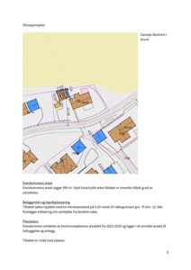 Situasjonsplan som viser eiendomsareal, nabogrenser og plassering av bygninger på tomten.