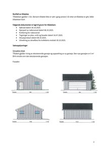 Bildet viser en tegning med fire fasadeoppvisninger (front, side, bak, og en annen side) av en garasje, med skriftlige opplysninger om byggesaken øverst.