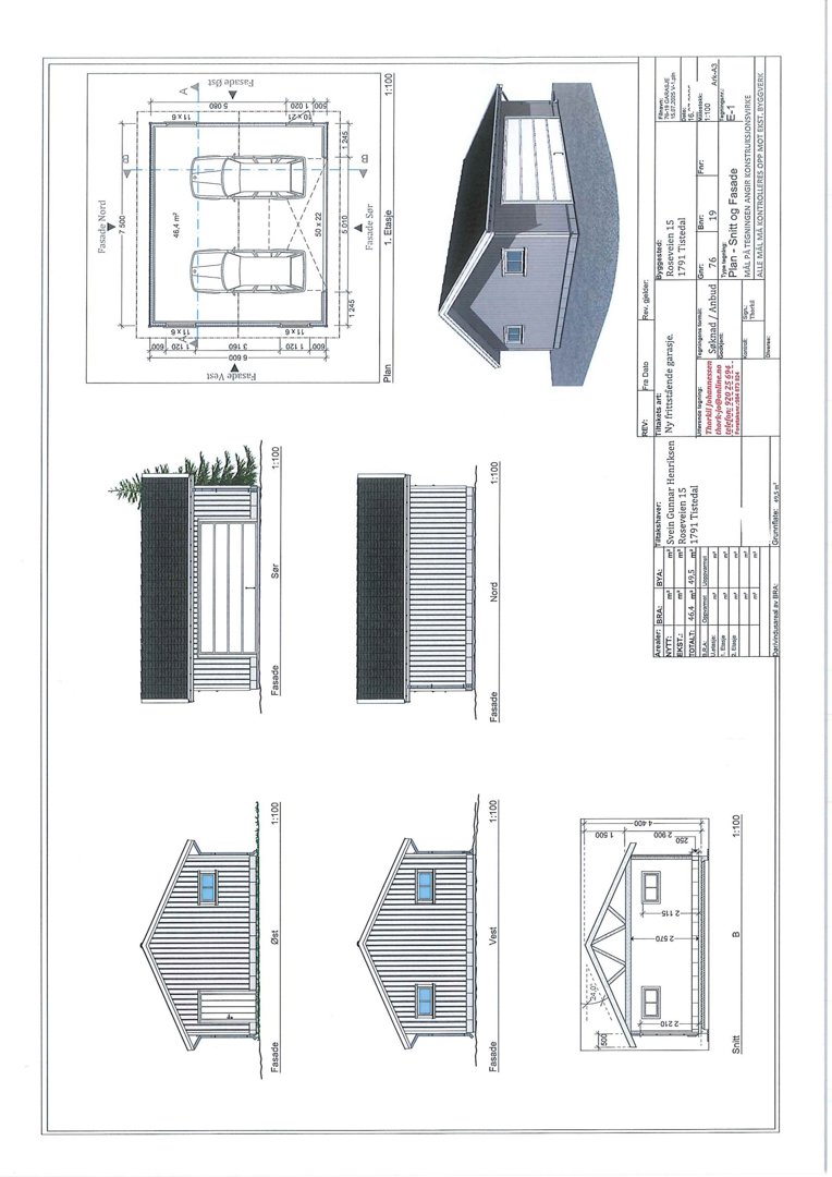 Fasadetegning med oppriss av bygning sett fra flere vinkler (vest, øst, nord, sør) samt en situasjonsplan med parkeringsplass.