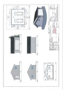 Fasadetegning med oppriss av bygning sett fra flere vinkler (vest, øst, nord, sør) samt en situasjonsplan med parkeringsplass.