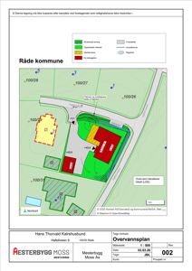 Situasjonsplan (Overvannsplan) som viser tomtens høydemålinger, regnbefaring, eksisterende og ny bebyggelse samt overvannshåndtering.