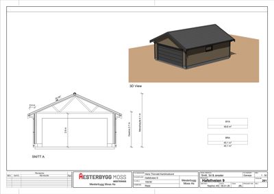 Bildet viser en snittegning (SNITT A) av en garasje, med mål og konstruksjonsdetaljer, samt en 3D-visualisering og arealopplysninger.