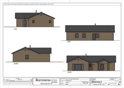 Fasadetegning som viser bygningens utseende fra fire sider: SYD, ØST, NORD og VEST.