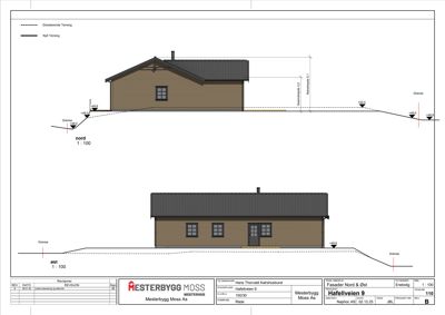 Fasadetegning som viser bygningens utseende fra nord og øst, inkludert høydeoppgaver og terrengforhold.