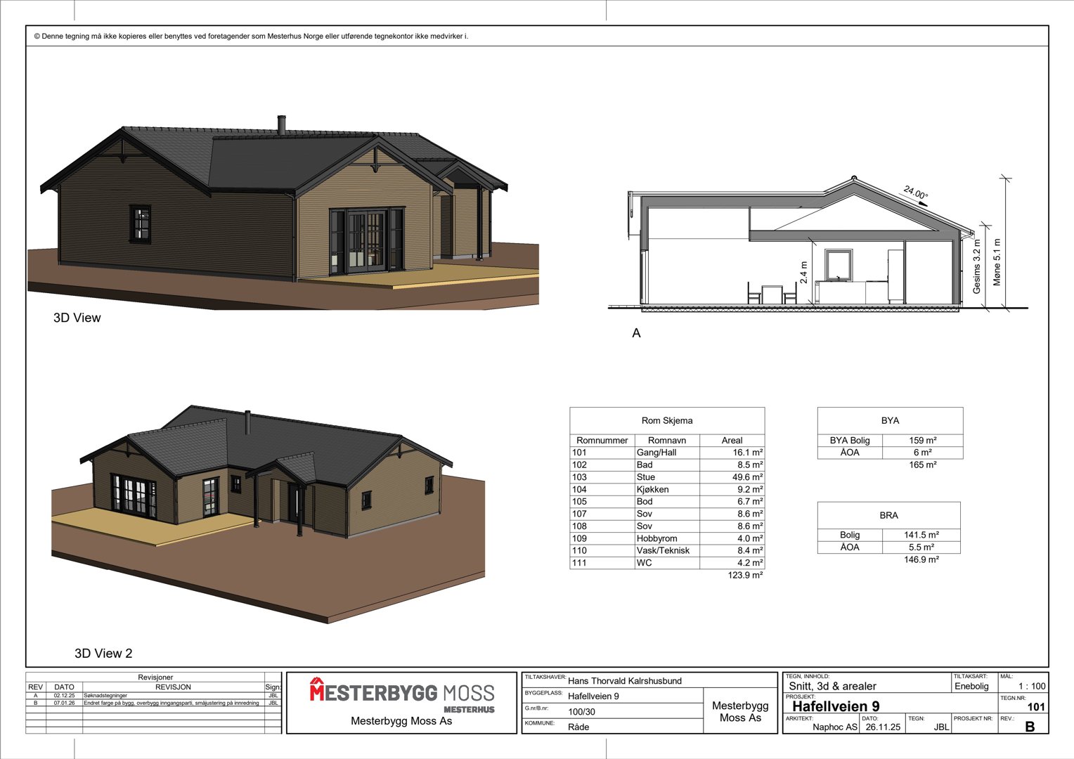 3D-visualiseringer (renderinger) av en planlagt bolig, inkludert to perspektivbilder og et snitt med mål. Bildet inneholder også romskjema og arealoppsett.