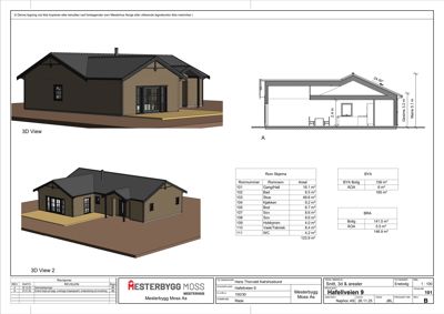 3D-visualiseringer (renderinger) av en planlagt bolig, inkludert to perspektivbilder og et snitt med mål. Bildet inneholder også romskjema og arealoppsett.