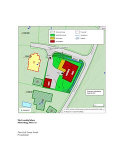 Situasjonsplan som viser tomtens beliggenhet, bebyggelse (gult og rødt), overvannshåndtering (grønt) og infrastruktur (veier).