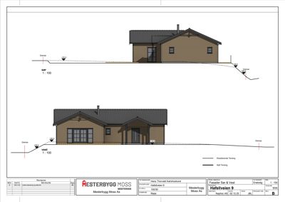 Fasadetegning som viser bygningens utseende fra vest og sør, inkludert terrengforhold og høydemål.