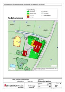 Situasjonsplan som viser tomtens beliggenhet, nabolag, høydemål, vann og avløp, samt tegnforklaring for ulike arealer (f.eks. bebyggelse, friareal).
