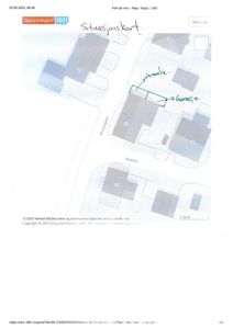 Situasjonskart som viser bygningers plassering i forhold til hverandre og veier (Storvegata, Nygata). Kartet inneholder også håndskrevne notater om 'Veranda' og 'Garasje'.