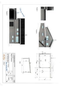 Fasadetegning med oppriss av bygningens ytre utseende, inkludert vinduer og takform.