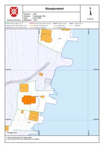 Situasjonskart som viser eiendomsforhold, naboeiendommer, vegnett og topografi for eiendommen Fosnavegen 282.