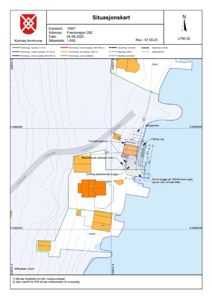 Situasjonskart som viser eiendomsforhold, eksisterende og planlagt bebyggelse, vegnett og topografi for eiendommen Fosnavegen 282.