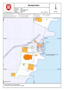 Situasjonskart som viser eiendomsforhold, eksisterende og planlagt bebyggelse, vegnett og topografi for eiendommen Fosnavegen 282.