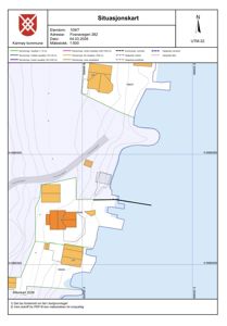 Situasjonskart som viser eiendomsgranser, topografi, eksisterende bygninger og infrastruktur for eiendommen Fossavegen 282 i Karmøy kommune.