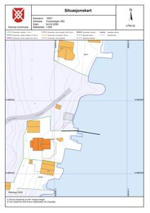 Situasjonskart som viser tomtens beliggenhet i forhold til nabolag, veier og topografi.