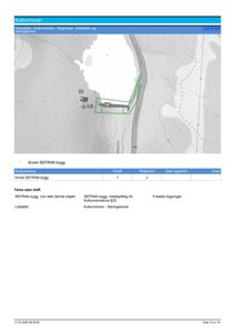 Et digitalt kart (topografisk kart) som viser et område med en bygning (SEFRAK-bygg) markert med en grønn polygon. Kartet viser terrengform (konturlinjer) og en vei.