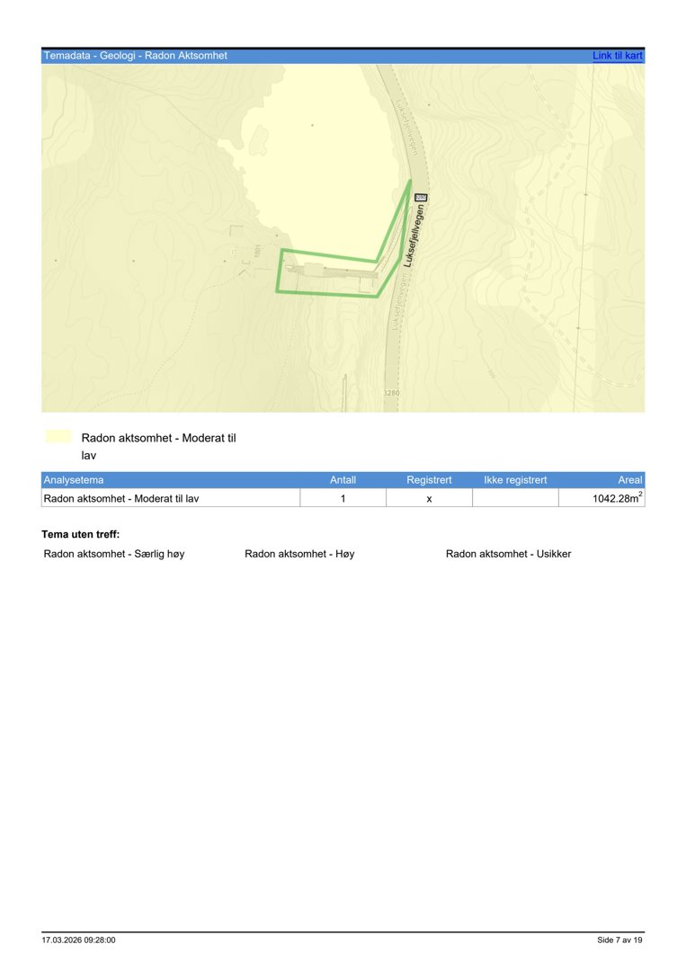 Kart over et område med radon-aktsomhetsdata (Moderat til lav) og en markert tomt (grønn polygon) ved Løkedalsvegen.