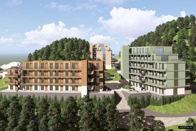 3D-visualisering av et boligprosjekt med flere bygninger, balkonger og omgivelser.