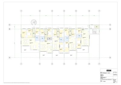 Etasjeplan (Plan 1. etasje) som viser romfordeling, romareal og plassering av dører og vinduer for en bygning kalt 'Hus A'.