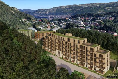 3D-visualisering av et nytt boligprosjekt sett fra en høyde, med omgivende natur og eksisterende bebyggelse i bakgrunnen.