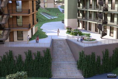 3D-visualisering av et utendørs areal med trapper, beplantning og bygninger med mennesker.