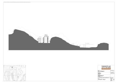 Snittegning som viser bygningenes plassering i forhold til terrengformet og topografi.