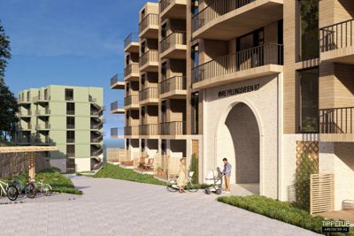 3D-visualisering av fasade og inngangsparti til et boligprosjekt med navn og arkitektfirma.