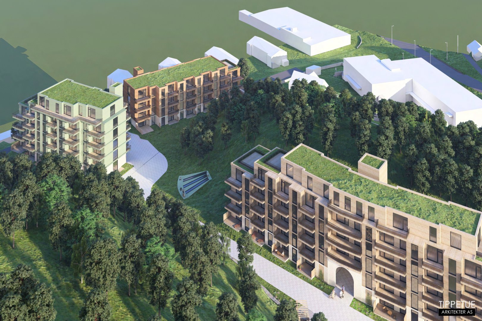 3D-visualisering av et boligfelt med flere bygninger, grønne tak og omgivelser.