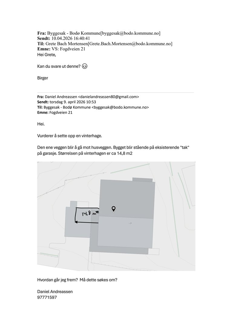 Situasjonsplan som viser tomtens form, eksisterende bygninger (garasje) og den planlagte vinterhagen med angitt areal (14,8 m²).