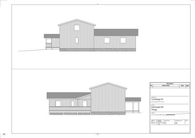 Fasadetegning som viser bygningens utseende fra to ulike vinkler (for- og sidefasade).