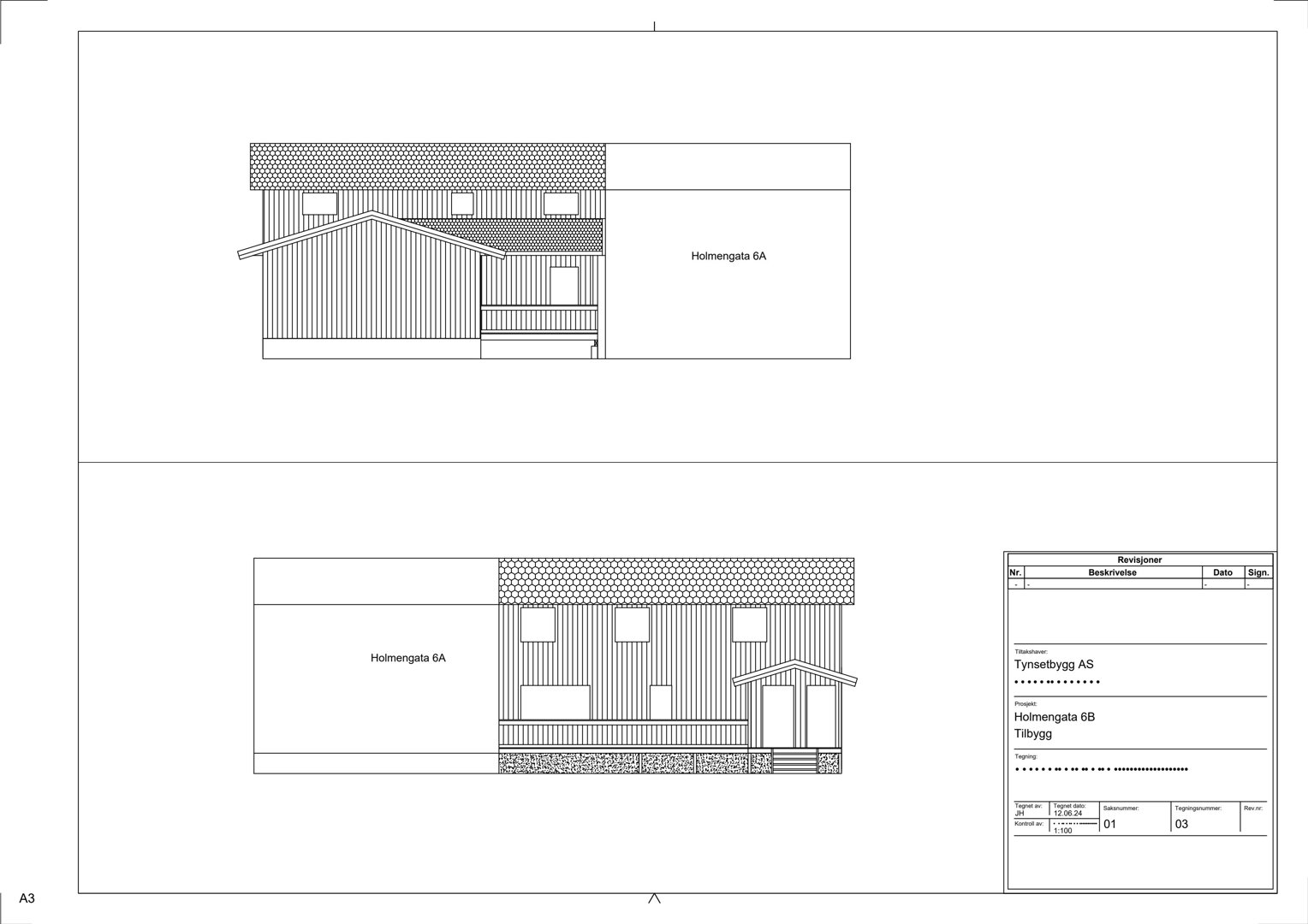 Fasadetegning som viser fronten på en bygning med adresse Holmengata 6A. Tegningen viser takform, vinduer, fasadematerialer og en liten veranda.