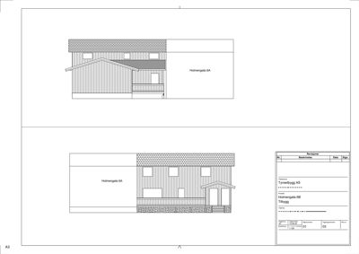 Fasadetegning som viser fronten på en bygning med adresse Holmengata 6A. Tegningen viser takform, vinduer, fasadematerialer og en liten veranda.