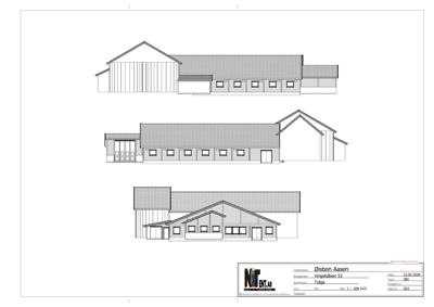 Fasadetegning som viser tre ulike sider av en bygning (trolig front, side og bakside) med detaljer om takform, vinduer og materialer.