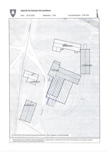 Situasjonsplan (tomtekart) som viser bygningsplasseringer, vegnett og topografi.