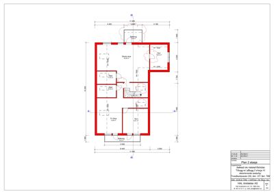 Etasjeplan for 2. etasje med romfordeling, dører, vinduer og mål.