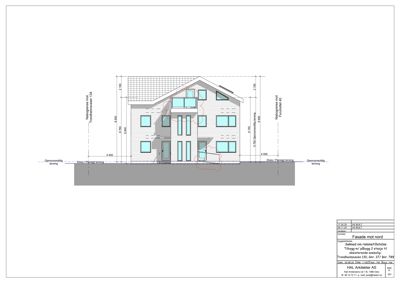 Fasadetegning av en toetasjes bolig med oppgitt mål og detaljer om vinduer og dører.